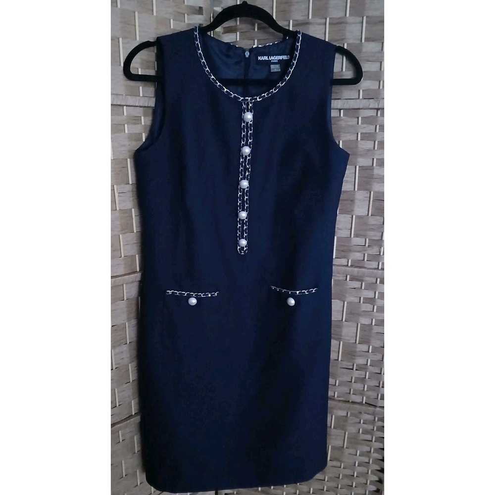 Karl Lagerfeld Navy Tweed Sheath Dress Sz 8 Chain Trim Faux Pearl Buttons